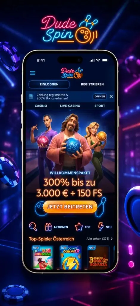 DudeSpin Casino App: Willkommensbonus 300% bis 3.000&nbsp;€ plus 150 Freispiele